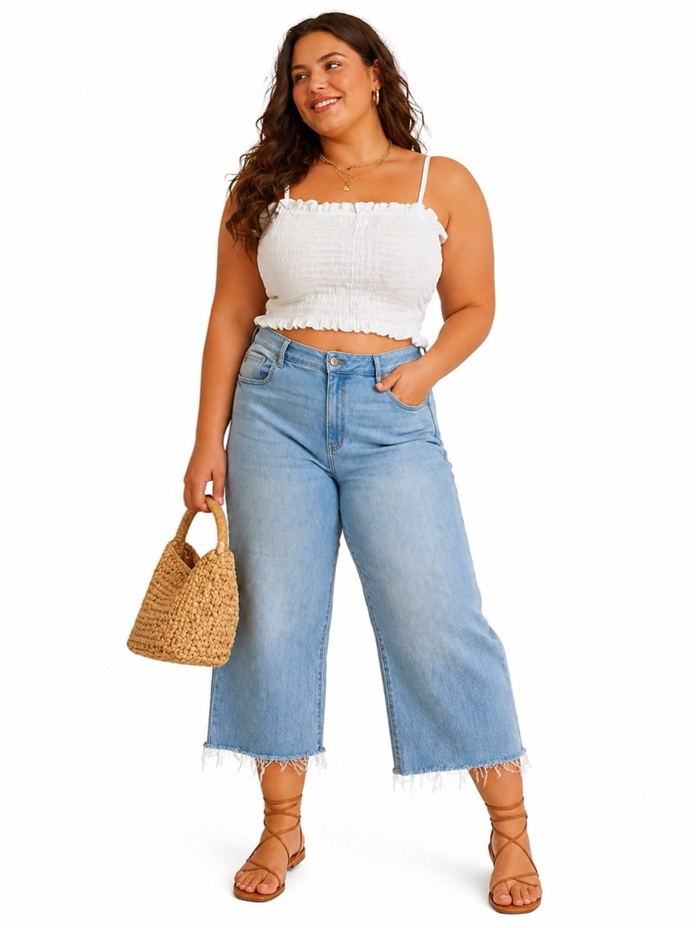 KANCAN LIGHT WASH RAW HEM CROP JEANS